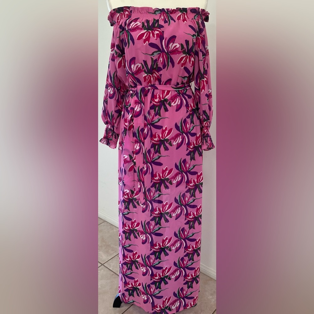 NWT WAYF DRESS PINK & PURPLE BIRDS OF PARADISE OFF SHOULDER MAXI DRESS SMALL